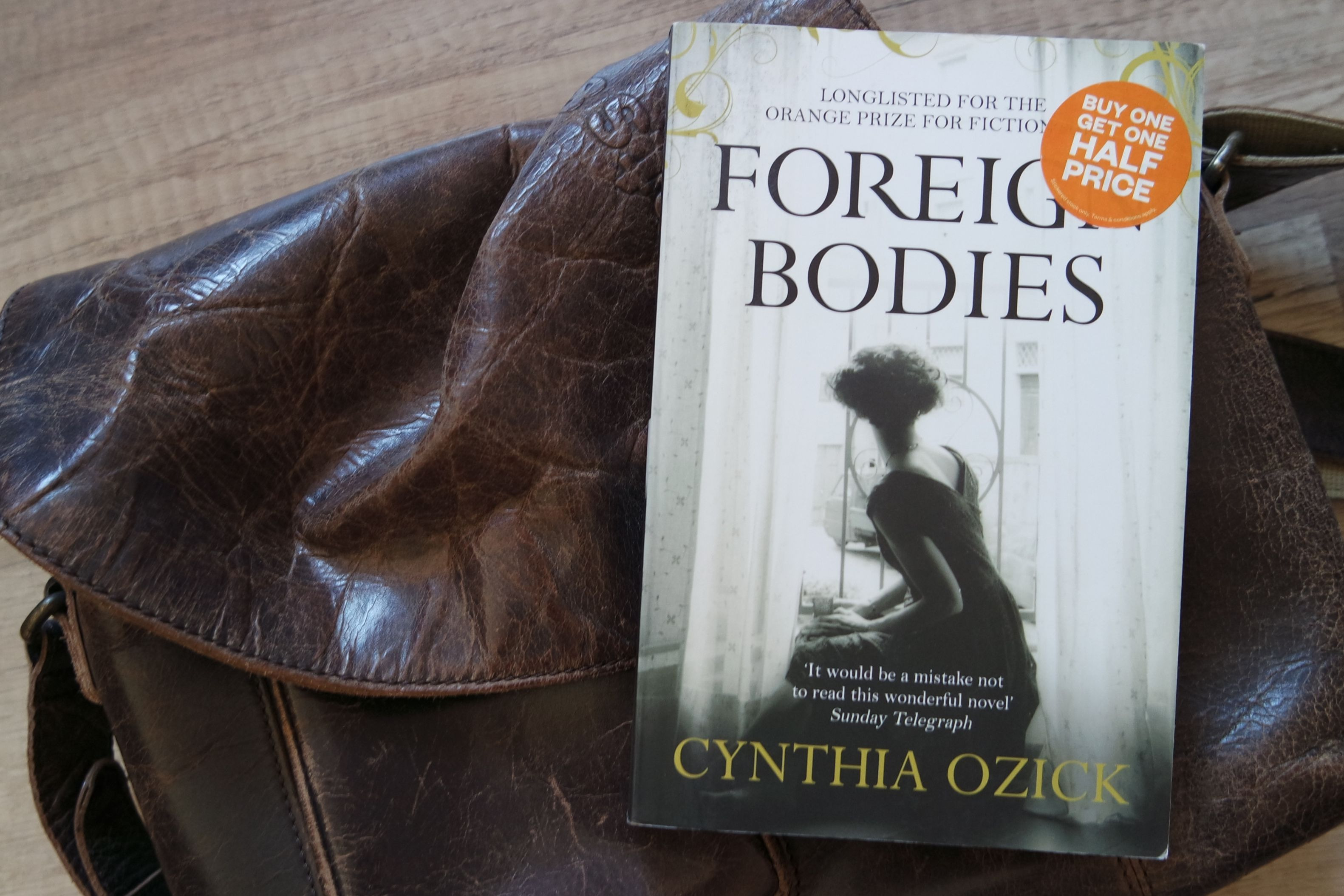 Das Cover von Cynthia Ozicks Foreign Bodies. Zu sehen ist eine Frau in einem eleganten Kleid, die aus dem Fenster auf eine Straße schaut.
