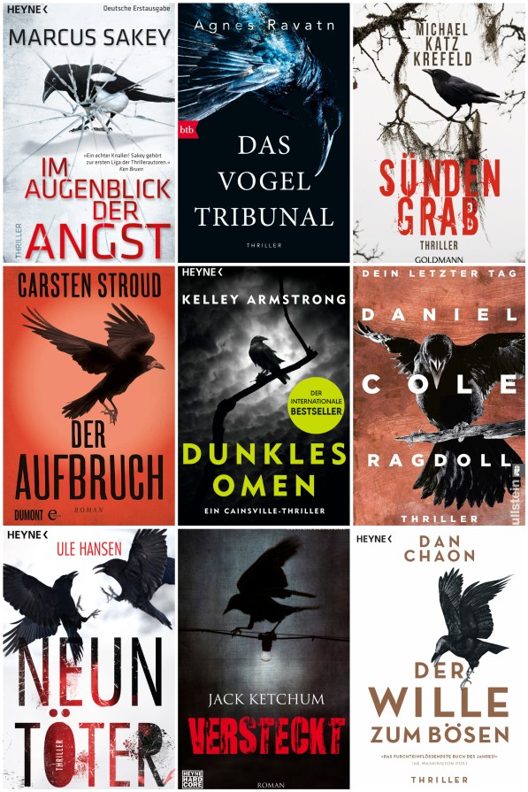 Das Bild zeigt neun Bilder von Krimis, auf deren Covern Rabenvögel, vor allem Krähen, abgebildet sind.