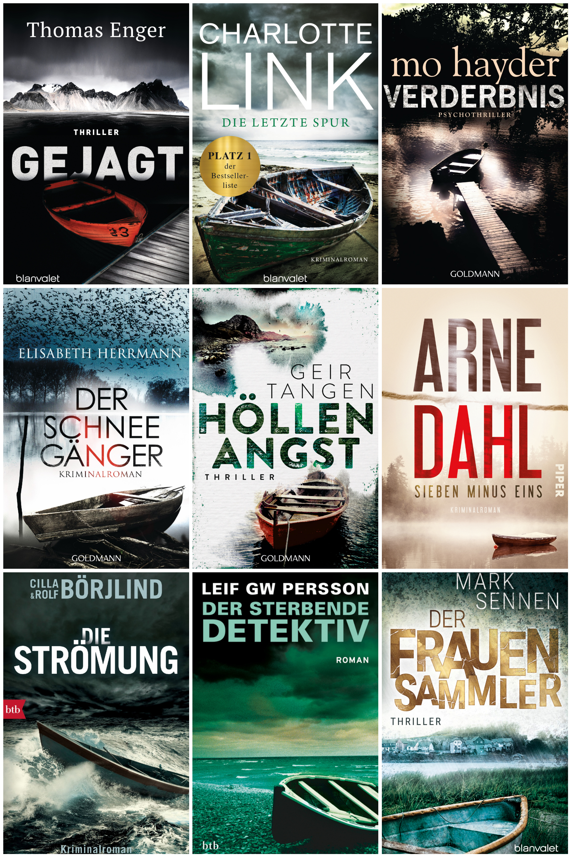 Das Bild zeigt die Cover von neun Krimis, auf denen jeweils gestrandete Ruderboote am Ufer dunkler Seen zu abgebildet sind.